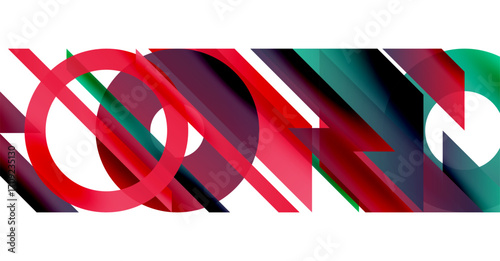 Abstract geometric composition. Red, teal, maroon shapes overlap creating dynamic visual effect. Modern design elements present.