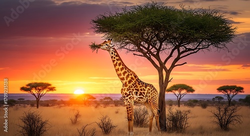 A magnificent giraffe grazes under a vibrant sunset, bathed in warm hues, in an expansive savanna landscape.