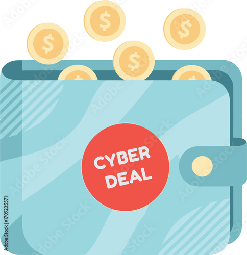 vector illustration of a wallet with gold coins and a Cyber Deal tag for a Cyber Monday shopping and savings concept.