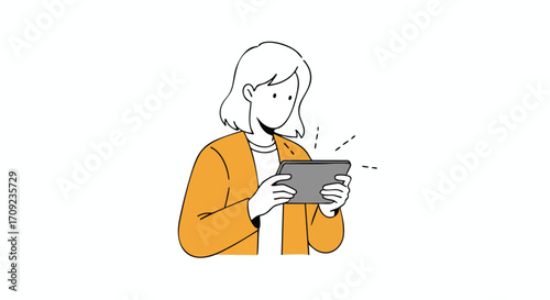 Engaged woman focusing on tablet screen, absorbing digital information with bright, modern style.