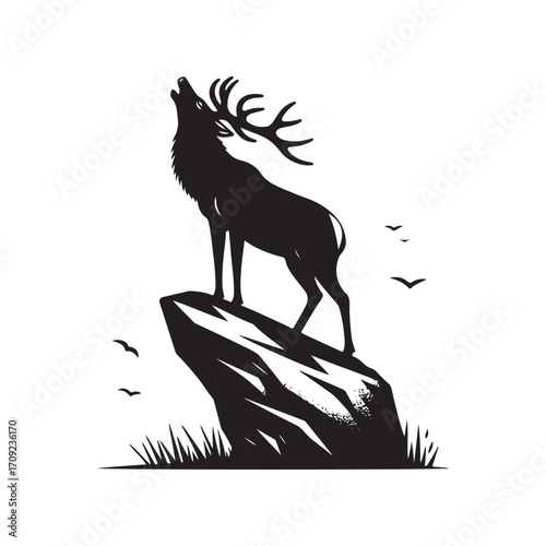 Vector art of silhouette of a stag roaring on a rock