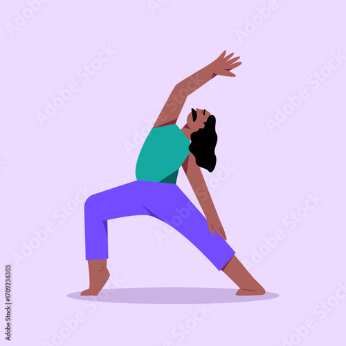 Man character doing yoga in sportswear vector illustration. Flat cartoon fitness in purple isolated background