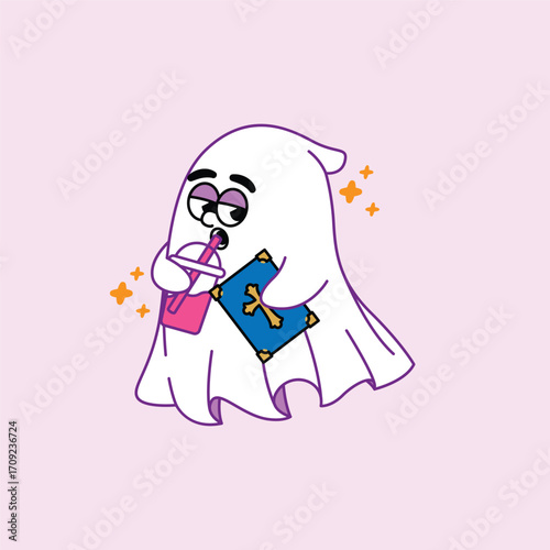 A cute and funny illustration of a tired-looking ghost sipping a drink from a cup with a straw while holding a blue book with a cross on it.