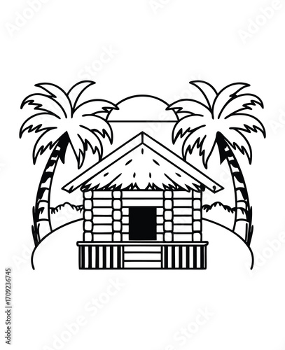 Tropical hut with palm trees and sunset idyllic island vacation drawing