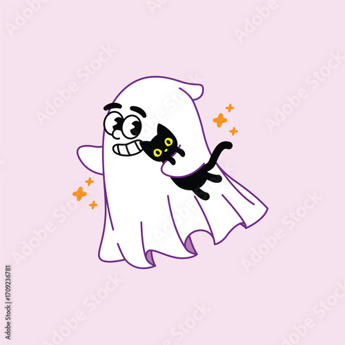 A friendly cartoon ghost smiles while a cute black cat clings to its shoulder. A whimsical Halloween illustration on a light purple background.