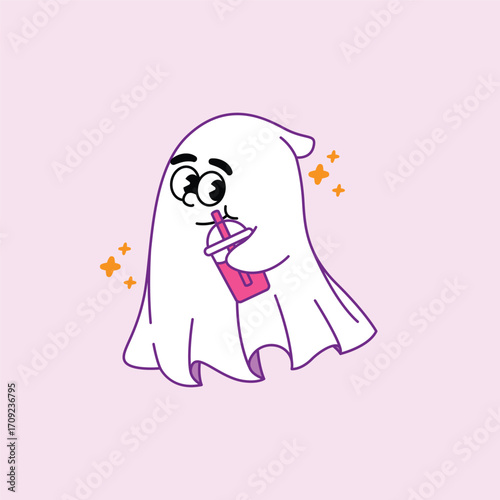 An adorable and funny cartoon ghost character with big eyes, sipping a pink beverage from a cup with a straw. Isolated vector illustration on a light purple background.