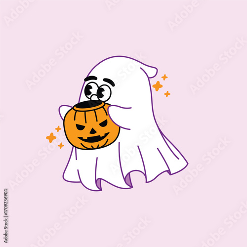 A cute, friendly ghost character with retro cartoon eyes holds a jack-o-lantern candy pail for trick-or-treating on Halloween.