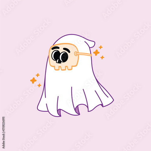 An adorable and funny illustration of a spooky ghost in a sheet costume wearing a skull mask. Simple flat vector design with sparkles, isolated on a light purple background.