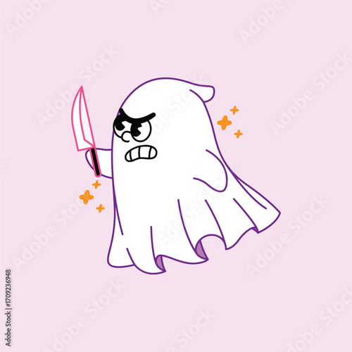 A cute but menacing cartoon ghost with an angry expression holding a sharp knife. A funny, spooky illustration for Halloween themes.
