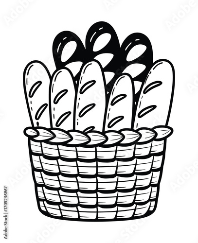 Hand drawn basket full of baguettes for food illustration and bakery concept