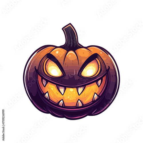 A dark, spooky cartoon illustration of a glowing, evil jack-o'-lantern with sharp teeth. This is perfect for websites and blogs related to Halloween, horror, and autumn themed events or parties.

