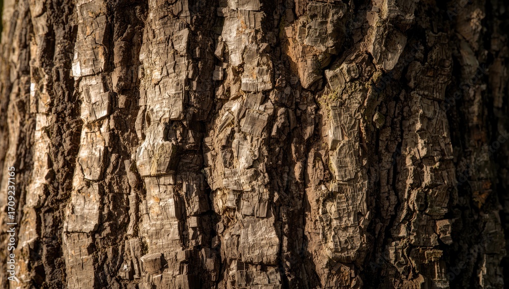 Obraz premium Detailed close-up view of weathered tree bark, showcasing intricate patterns and textures.