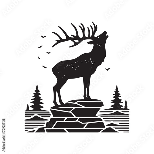 Vector art of silhouette of a roaring elk standing on a rock with trees and birds
