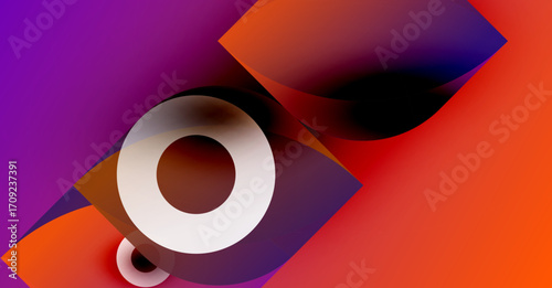 Abstract composition featuring overlapping shapes, vibrant colors, orange, purple hues. Circular forms dominate visual space.