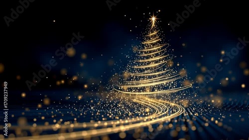 Glowing Christmas tree made of sparkling lights on dark background  
