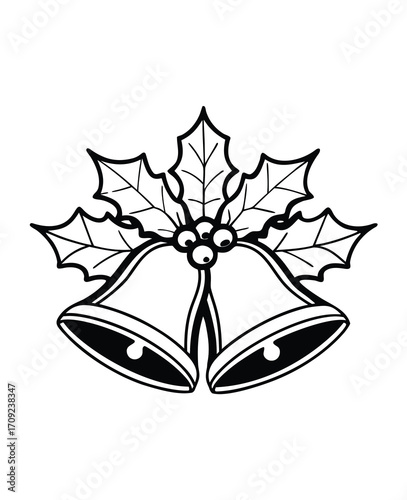 Elegant christmas bells with holly leaves and berries in black and white style
