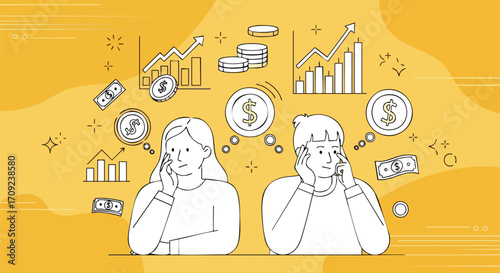 Financial planning concept featuring two pensive people contemplating investments and business growth today