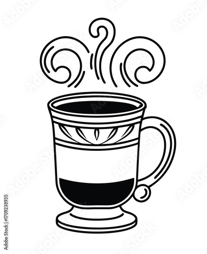 Black and white line drawing of a hot latte in a glass cup illustration
