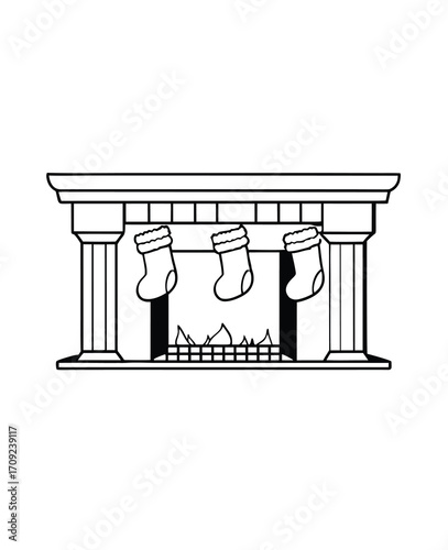 Elegant fireplace outline with stockings and roaring fire for christmas decorations