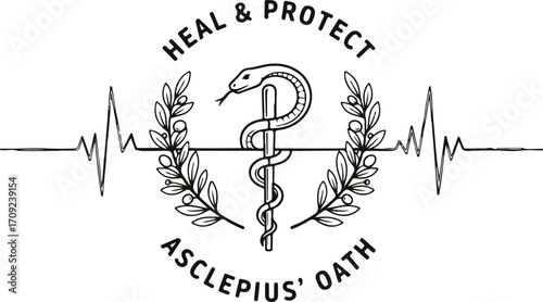 Rod of Asclepius Medical Emblem – Healing Symbol with Olive Branches and Heartbeat Line