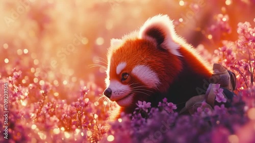 Adorable red panda amidst blooming flowers at sunset