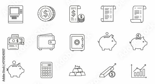 A comprehensive set of line art icons depicting various financial concepts, banking services, and money-related objects.