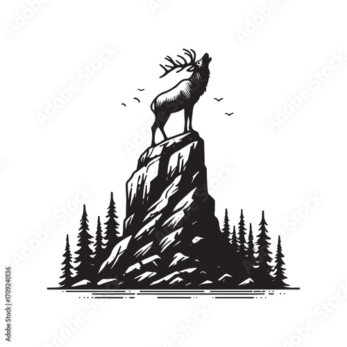Vector art of majestic elk standing on a rocky mountain peak