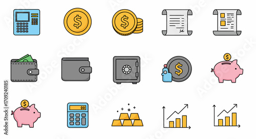 A collection of colorful flat design icons representing various financial and banking concepts, including money, savings, investments, and transactions.