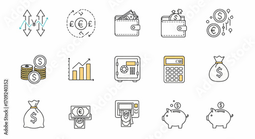 A set of financial and money-related line icons, including currency exchange, wallets, coins, graphs, safes, calculators, money bags, and piggy banks.