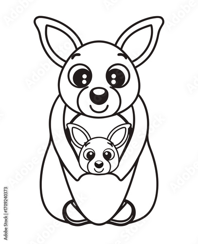 Cute Kangaroo with Baby Joey in Pouch Black and White Line Art