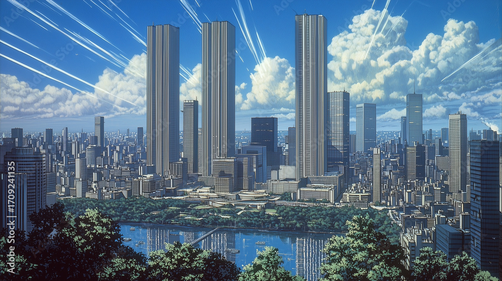 Fototapeta premium 青空にそびえる未来都市:超高層ビルのスカイライン