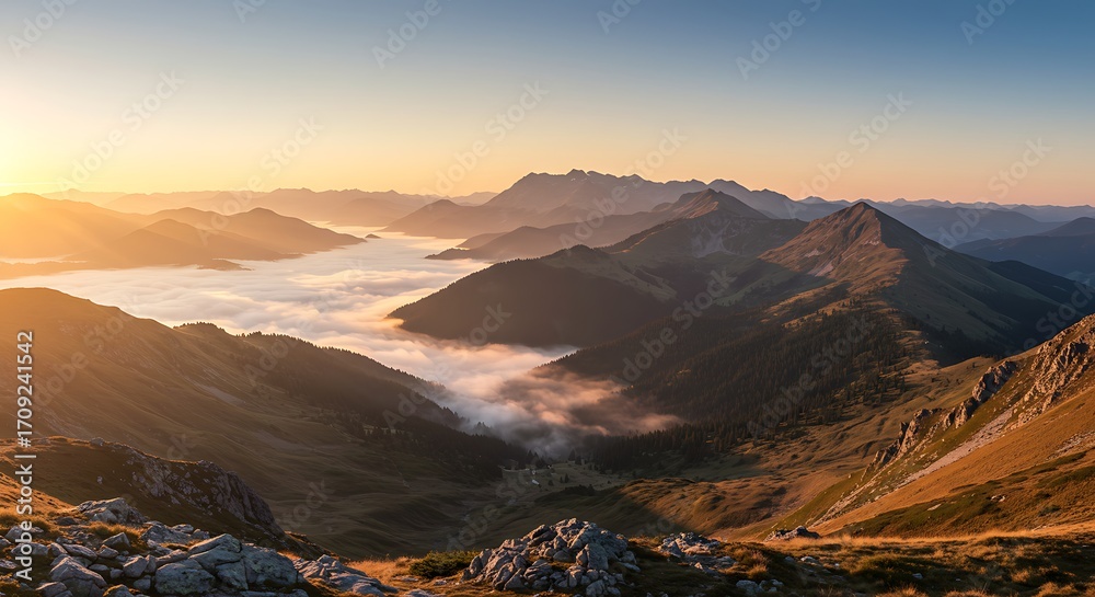 Obraz premium Majestic Mountain Range Above Cloudy Valley at Sunrise