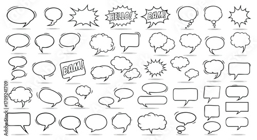 Dynamic collection of comic book speech bubbles and thought balloons for creative expression