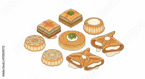 Delicious Middle Eastern Sweets Illustration Featuring Baklava and Kanafeh, Perfect for Cookbook Illustrations and Cultural Food Blogs