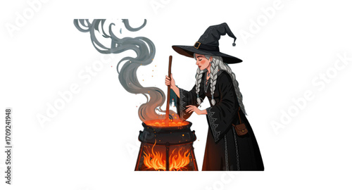 The witch stirs the potion in the cauldron.