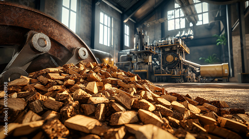 Photorealistic image of biomass power plant featuring pile of wood logs, machinery, and sunlight streaming through large windows, creating warm