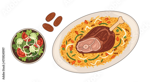 Exquisite illustration of a Middle Eastern lamb dish with rice and salad, perfect for culinary blogs, recipe websites, or food-themed design projects.