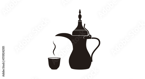 Traditional Arabic Coffee Pot and Cup Silhouette Illustration for Cultural Promotion and Middle Eastern Culinary Arts projects