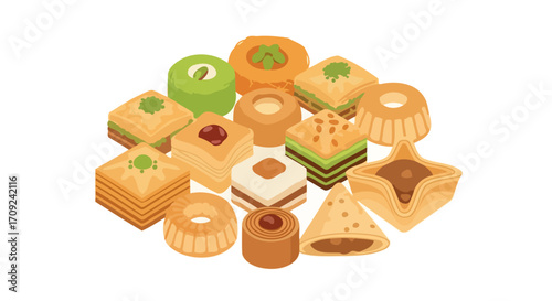 Delightful assortment of Middle Eastern sweets, perfect for showcasing culinary traditions and festive celebrations, ideal for recipe books and gastronomy blogs.