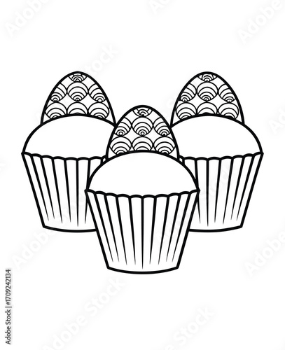 Three Easter egg topped cupcakes in black and white line art style