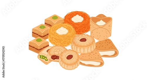Assorted Middle Eastern Sweets Illustration Showcasing Traditional Desserts for Cultural Celebrations and Culinary Projects, Suitable for Food Blogs and Recipe Illustrations