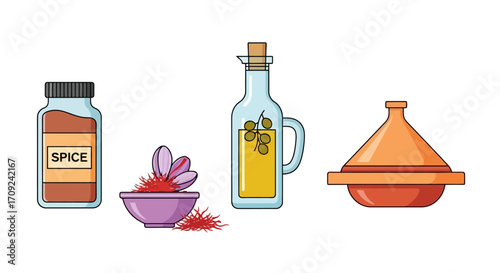 Moroccan Cuisine Ingredients Illustration Featuring Spices, Olive Oil, Saffron, and Tagine Pot. Ideal for food blogs, recipe books, and culinary design projects