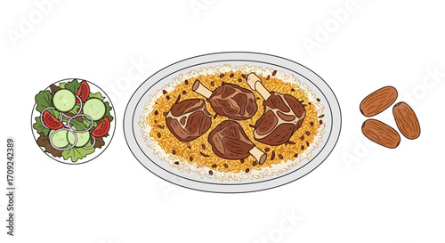 Delicious and Appetizing Illustration of a Traditional Lamb Shank Dish with Rice, Salad, and Dates for Restaurant Menu and Culinary Arts