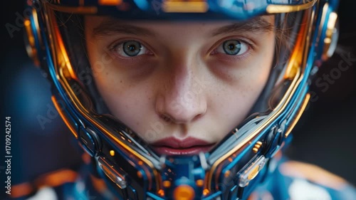 Future Gaze: A young individual in a futuristic, high-tech helmet stares directly into the viewer's soul, eyes filled with confidence and a glimpse of a future beyond our current reality.