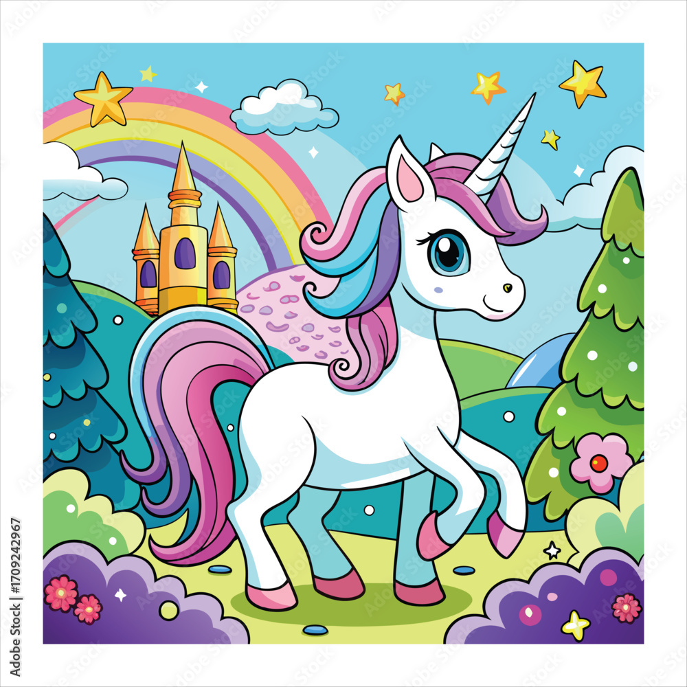 Obraz premium Cute unicorn on vector illustration