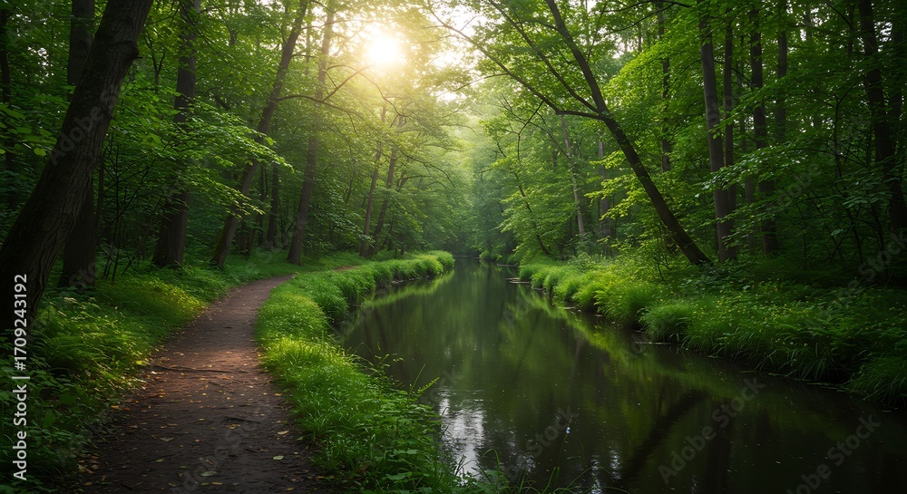 Obraz premium Lush Green Forest Path Beside Dark Water with Sunlight