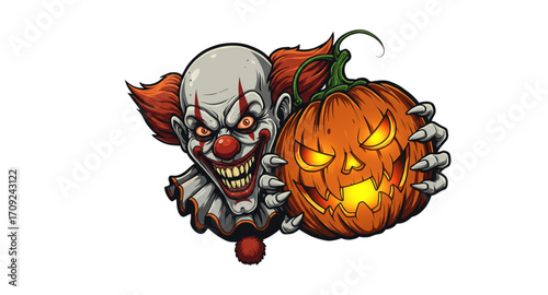 Scary clown with pumpkin lantern