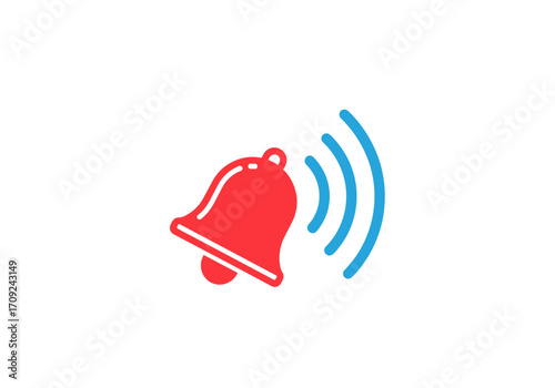 A red bell icon is ringing and emitting sound waves on a white background.