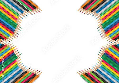 A colorful border of sharpened pencils forming a decorative frame around a blank white space for text or images.