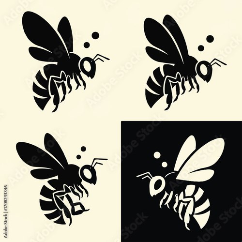Four stylized black and white bee logos, showing different poses of a bee in flight.